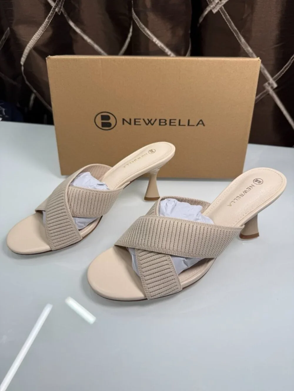 Newbella Beige Knit Criss Cross Mule Heels Sandals Size 6.5